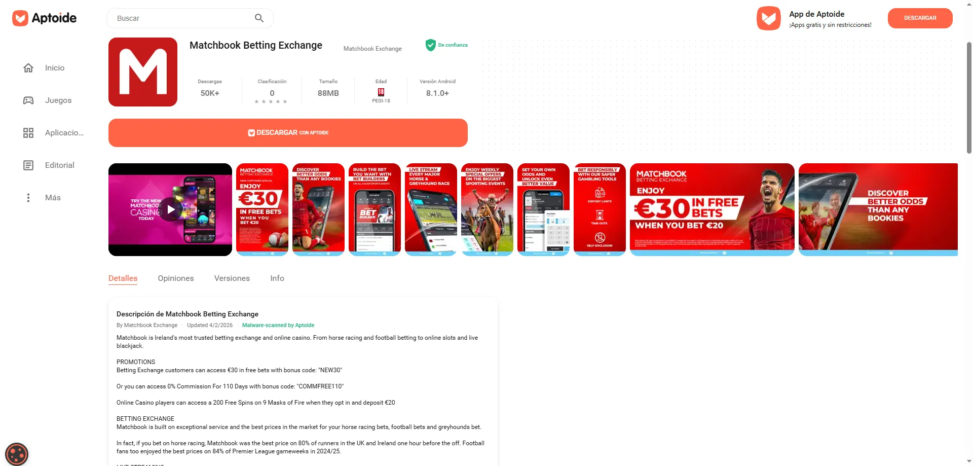 Matchbook Casino app m&oacute;vil Android e iOS &mdash; acceso completo desde el tel&eacute;fono