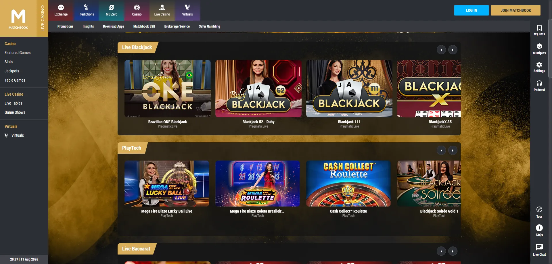 Matchbook Casino dealer en vivo &mdash; ruleta y blackjack en tiempo real